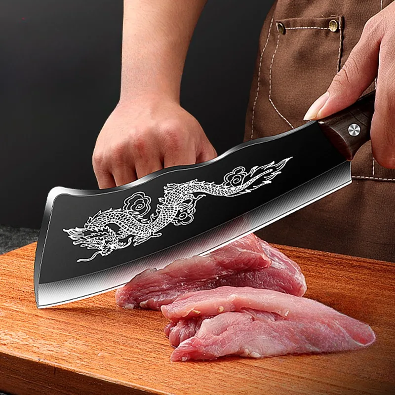 PLYS-1pcs Dragon Flower Pattern Chopping Knife, Commercial Chopper Multi-Use Sharp Vegetable Knife, Household Forged Knife