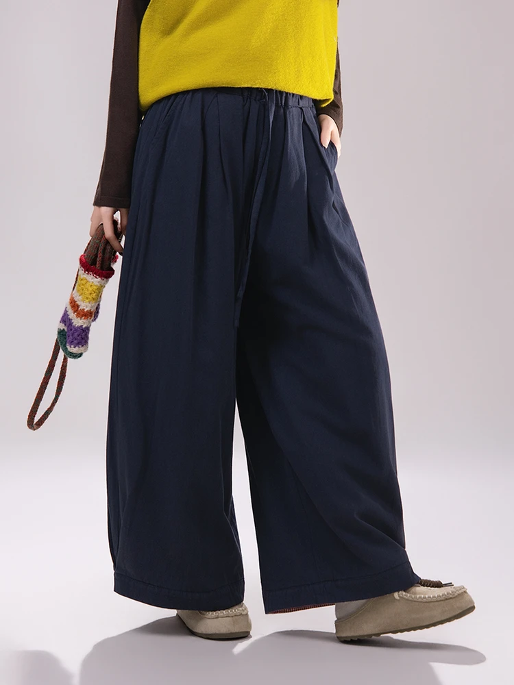 

Утепленные зимние хлопковые брюки женские с высокой талией, широкими штанинами и манжетами, повседневные, с авторским мелким клетчатым узором, синие