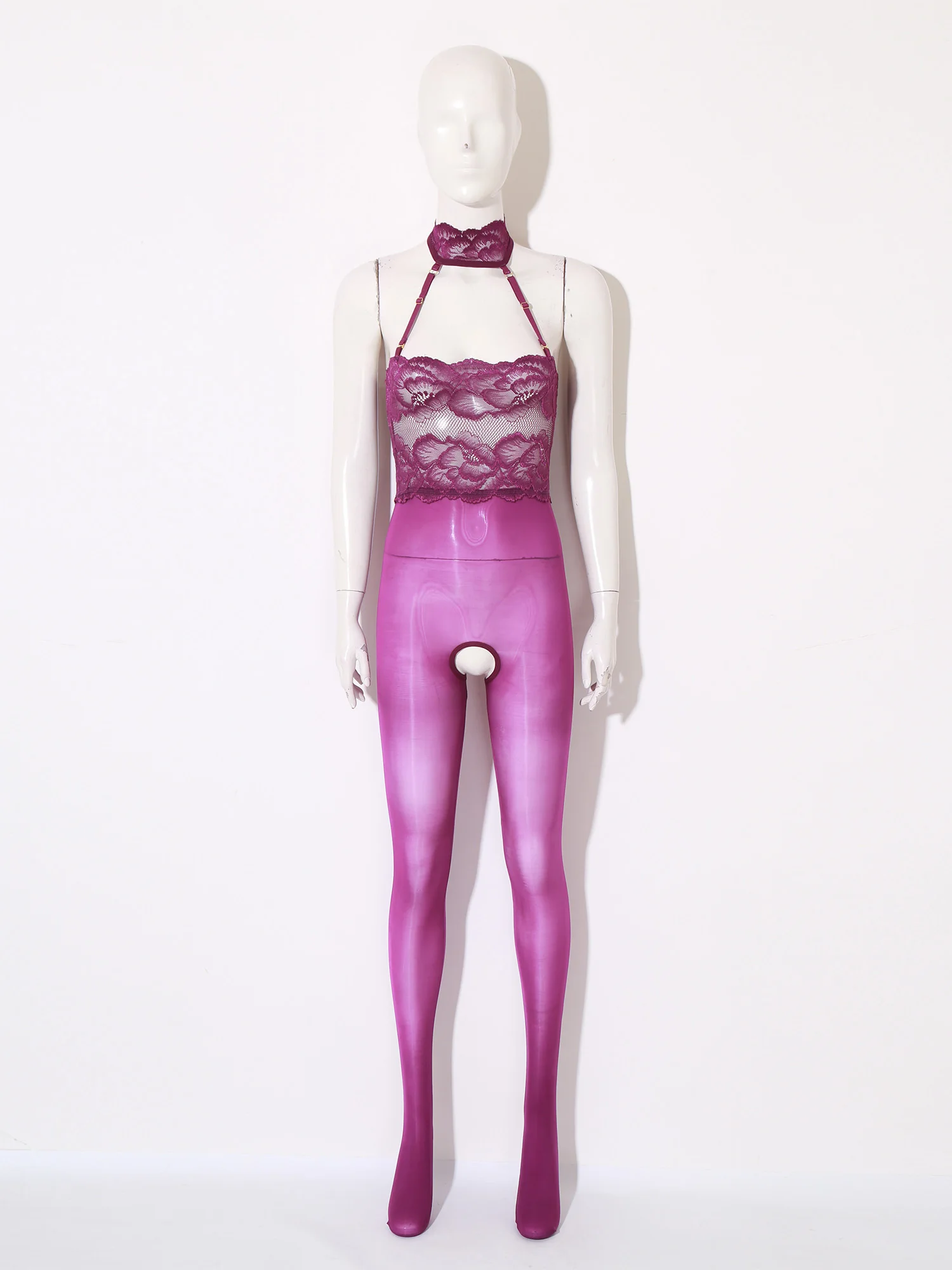 

Women Sheer Floral Lace Patchwork Bodysuit Nightwear Wet Look Halter Collar Open Crotch Footed Bodystockings Jumpsuits Clubwear