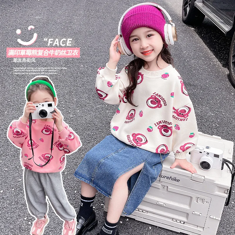 2024 Spring And Autumn New Lovable Lotso Children'S Sweater Casual Joker Trend Female Baby Child Tie-Dyed Cute Cartoon Top