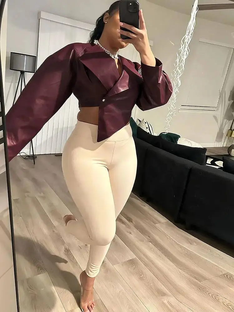 Classic Hipster Crop Jacket Women Irregular Single Buckle Button Faux Leather Autumn Wild Sexy Basic Cross Neck Coat