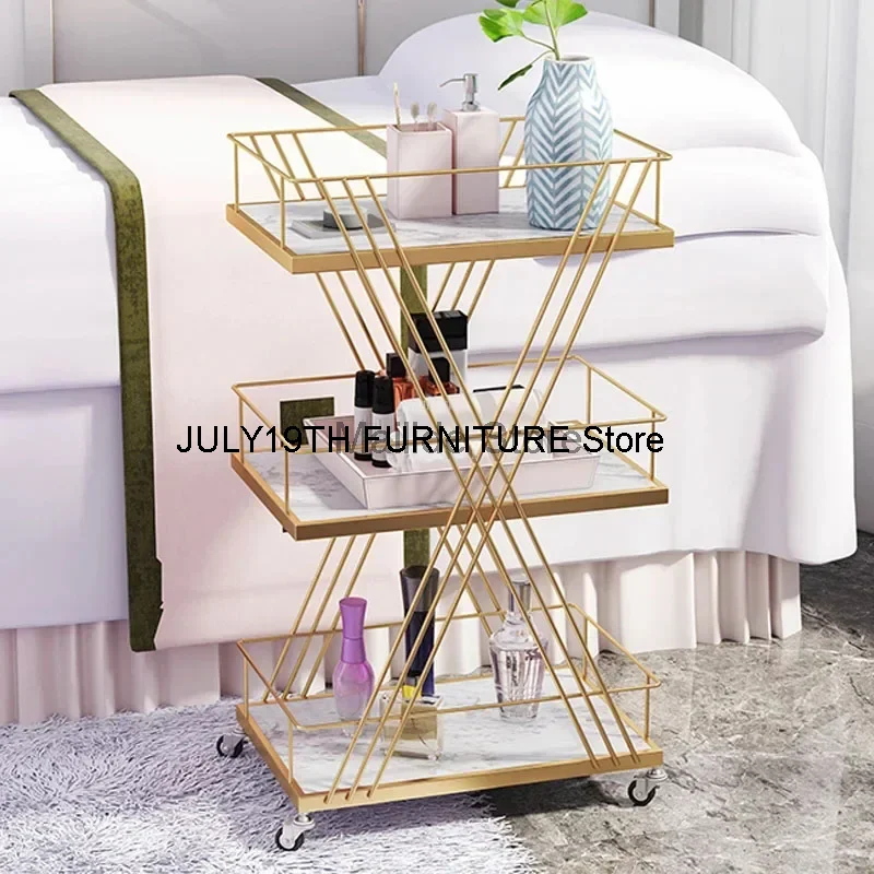 

Iron Art Salon Trolleys Light Luxury Golden Rack Modern Salon Furniture Beauty Salon Trolley with Wheels Home Multi-layer Rack