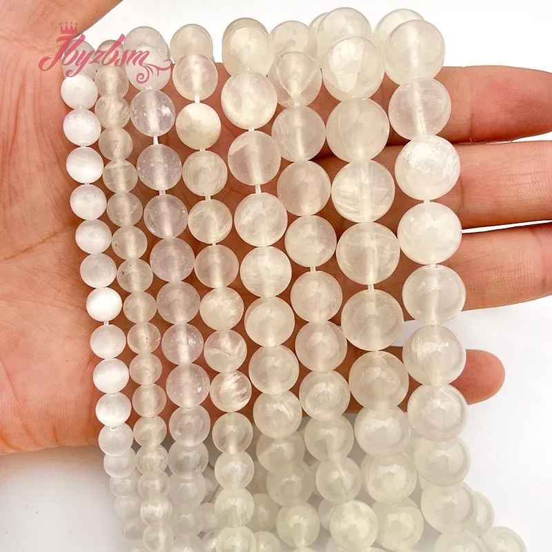 Natural Selenite Beads Round White Smooth Stone Loose DIY Strand 7inch/15inch For Necklace Bracelet Jewelry Making