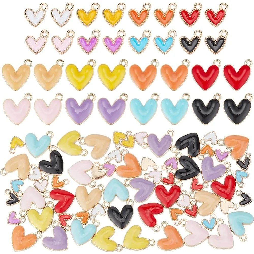 64pcs 8 Colors Heart Charms 2 Sizes Alloy Enamel Heart Pendants 9x8/16x15mm Love Heart Beads Dangle Charms Colorful Small Charms