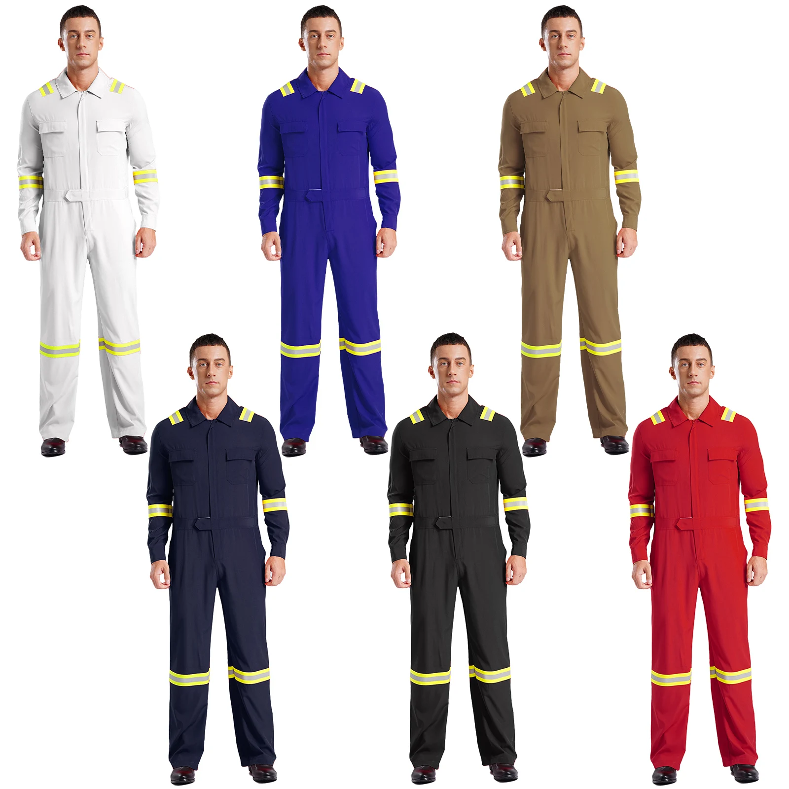 Mens High Visibility Work Utility Coveralls Long Sleeve Reflective Overalls Mechanic Suit Workwear Jumpsuit with Multi Pockets