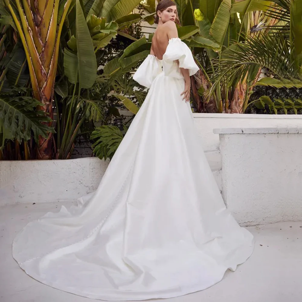 Welove Simple Satin Bride Wedding Dress V-Neck Open Back with Detachable Puff Sleeves Mermaid Floor Length Sweep Train Gowns