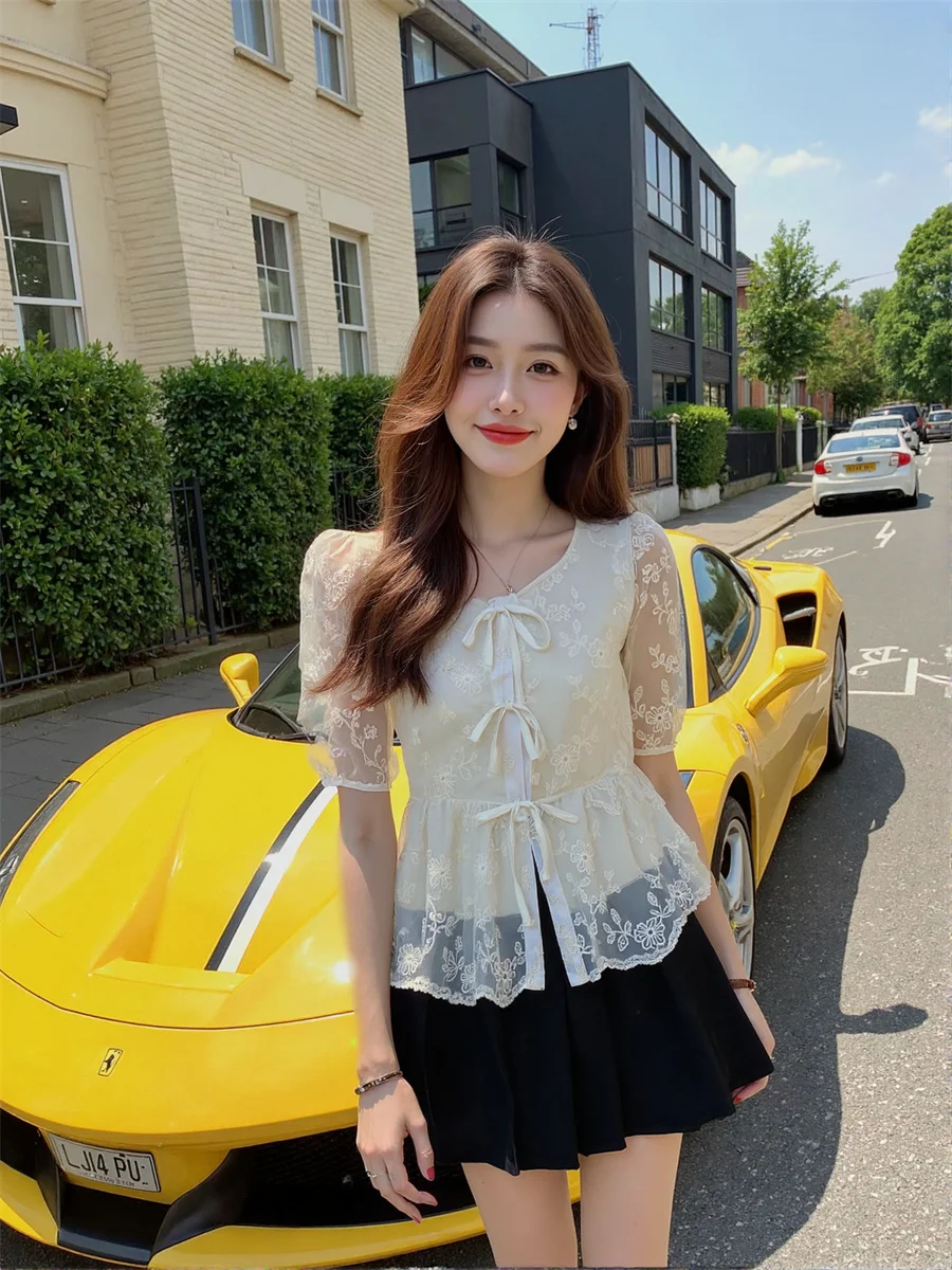 Chemisiers à manches bouffantes et col rond pour femme, haut élégant, populaire d'hiver, ajouré, sans manches, boucles solides, dos soigné, école, respirant