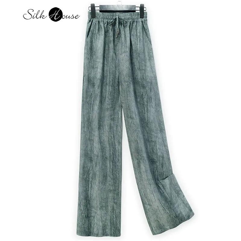 

Retro 100% Natural Mulberry Silk Crepe De Chine Loose Halo Dyed Women's Casual Summer Wide Leg Pants