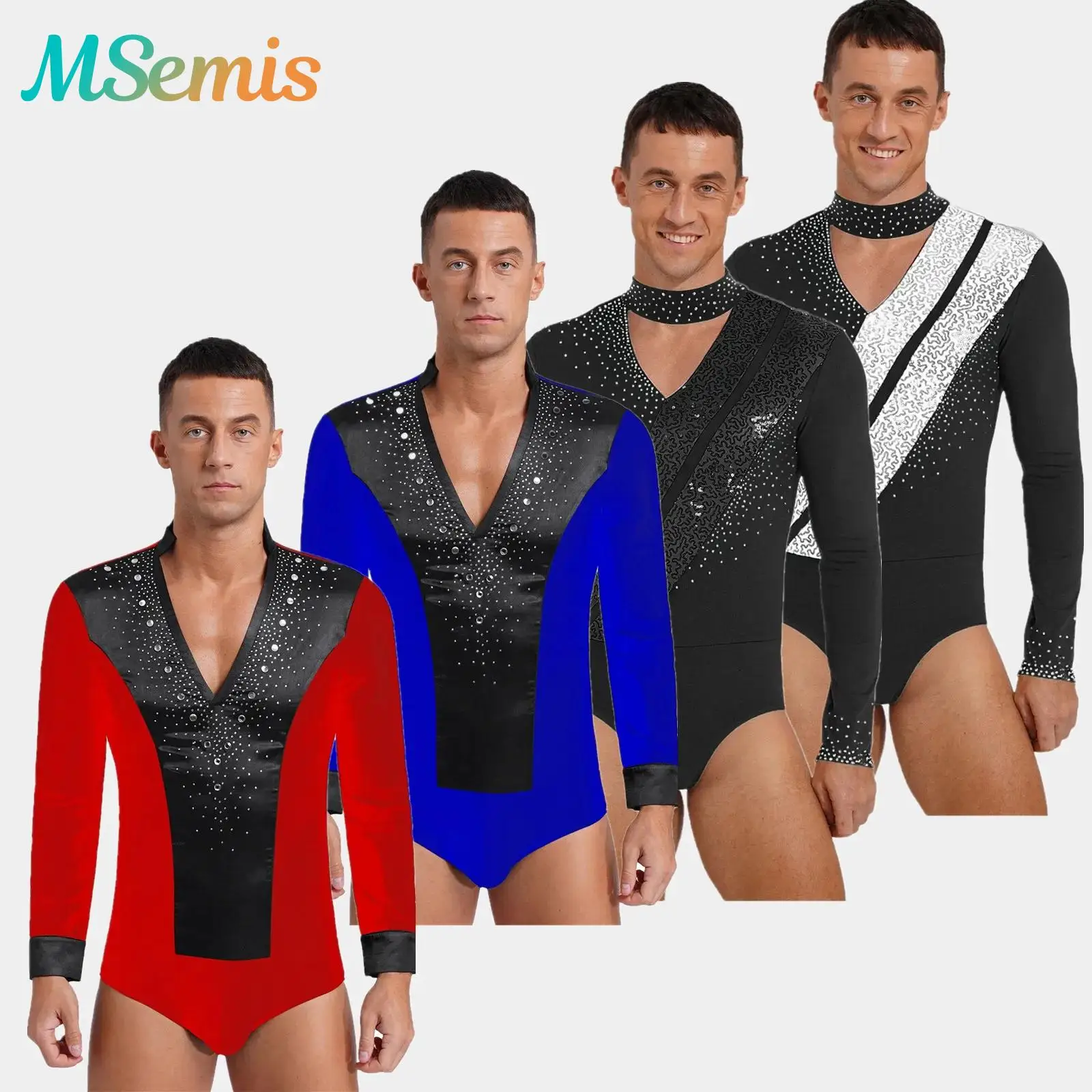 

Mens Glittery Sequins Gymnastics Figure Skating Jumpsuit Costume Ballet Latin Tango Rumba Dance Leotard Bodysuit Shirts Tops