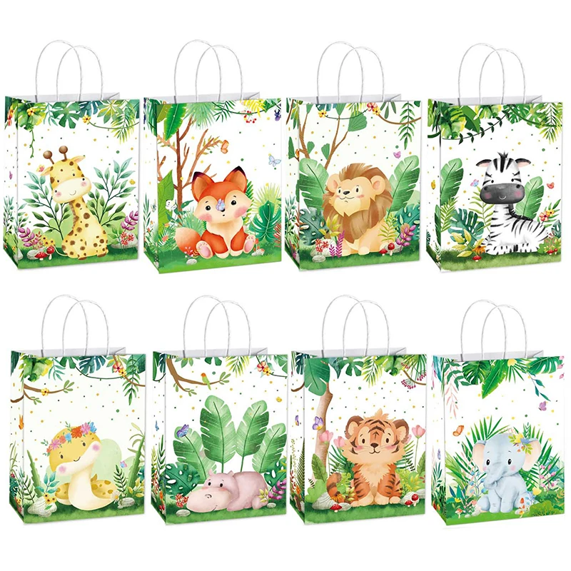 8-teiliges Party-Dekorationsset mit Dschungelmotiv, wiederverwendbare Safari-Papiertüte für Kindergeburtstag, Baby, Taufe, Party-Dekoration