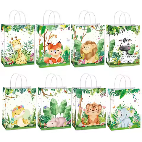 8 Pcs Jungle Themed Party Decoration Set Reusable Safari Paper Bag for Kids Birthday Baby Baptism Party Decoration Items