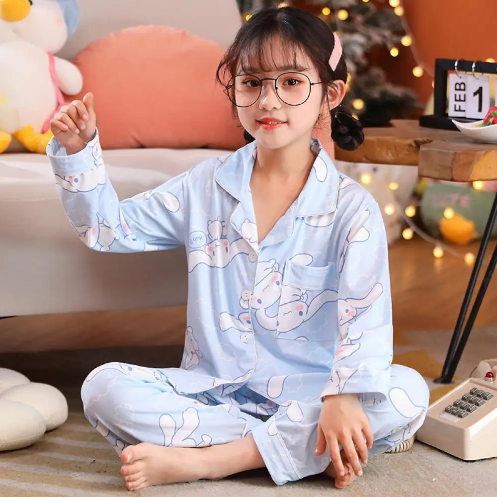 Cinnamoroll Hello Kitty 2Pcs Parent-Child Pajamas Collar Cardigan Pants Anime Kawaii Sanrios Kuromi Cartoon Homewear Sleepwear