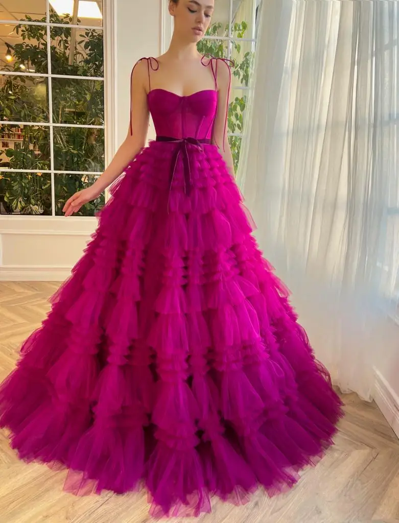 Tulle Bow Spaghetti Straps A-line Evening Dresses Sweetheart Backless Tiered Pleats Cake Dress Luxury Long Graduation Gowns 2024