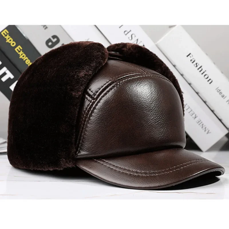 

Natural Leather Caps Winter Warm Hats For Men Fleece Thickening Bomber Hats Cold Proof Earmuffs Hat Cowhide Ski Cap Trucker Hat