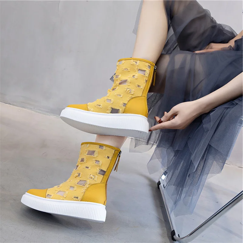 Summer New Thin Denim Canvas Thick-soled Boots Breathable Hollow Mesh Inner Heightening Cool Boots Women\'s All-match