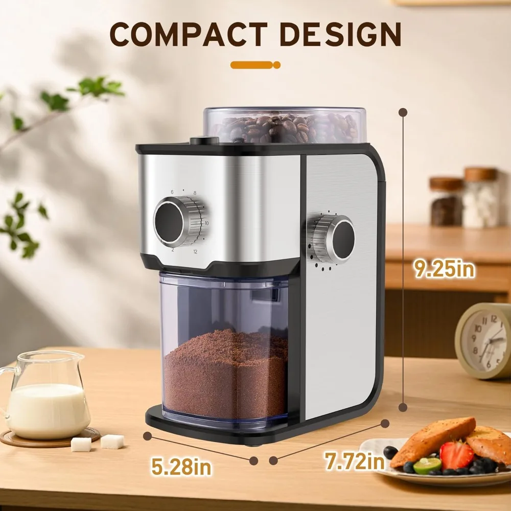 Coffee Grinder Electric Burr Coffee Bean Grinder for 2-12 Cups, Adjustable Burr Mill for 14 Grinding Settings, Stainless Steel