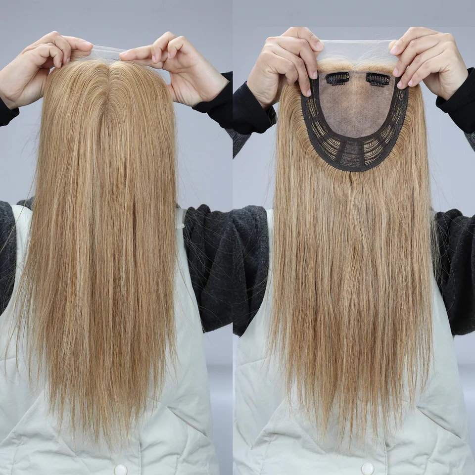 Toupee #27 Rubio Miel Remy Cabello Humano con Clips Base de Piel de Seda Frontal de Encaje Top de Seda 2