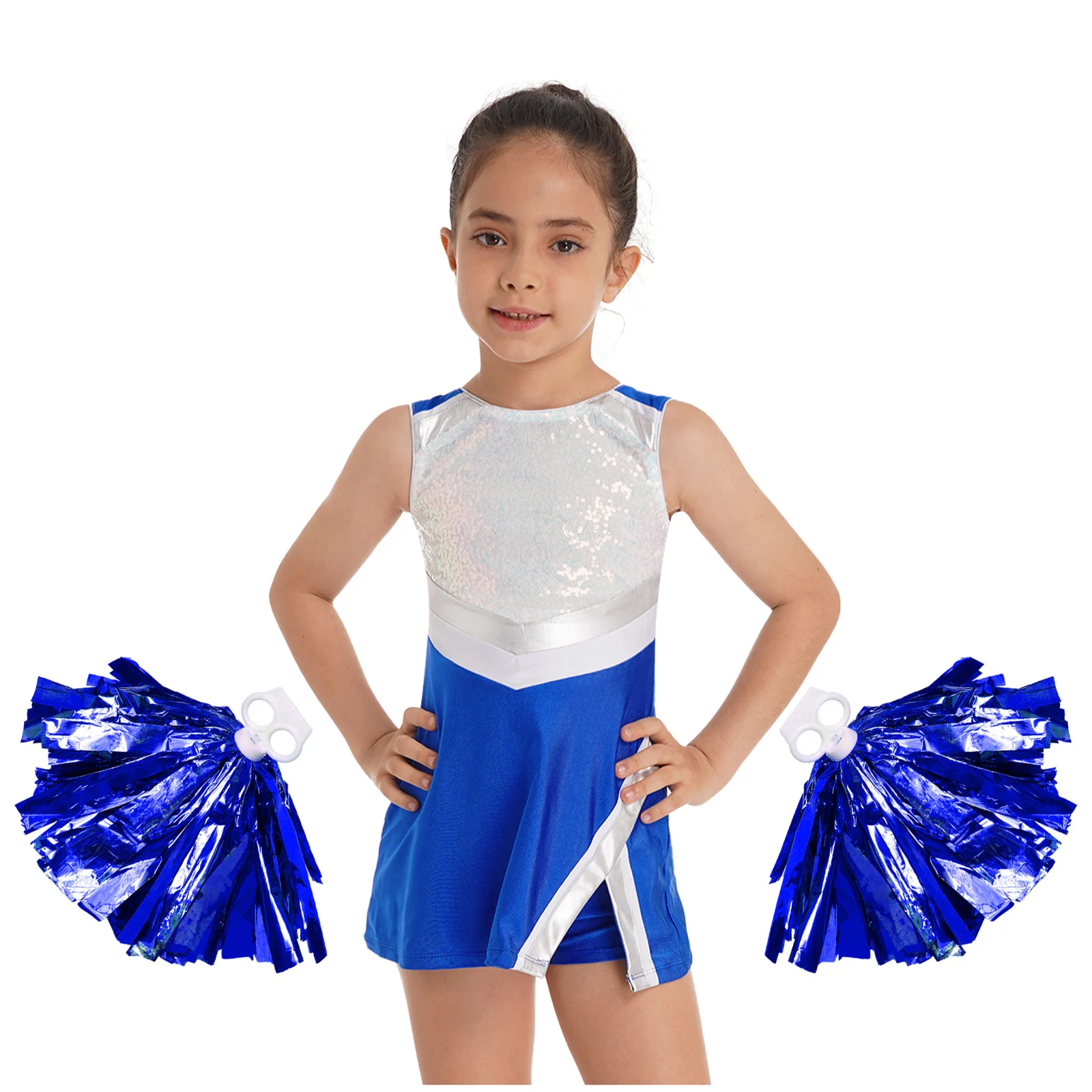 

Kids Girls Dancing Cheerleading Performance Outfit Cheer Leader Sleeveless Shiny Dress with Shorts and 1 Pair Flower Balls Set