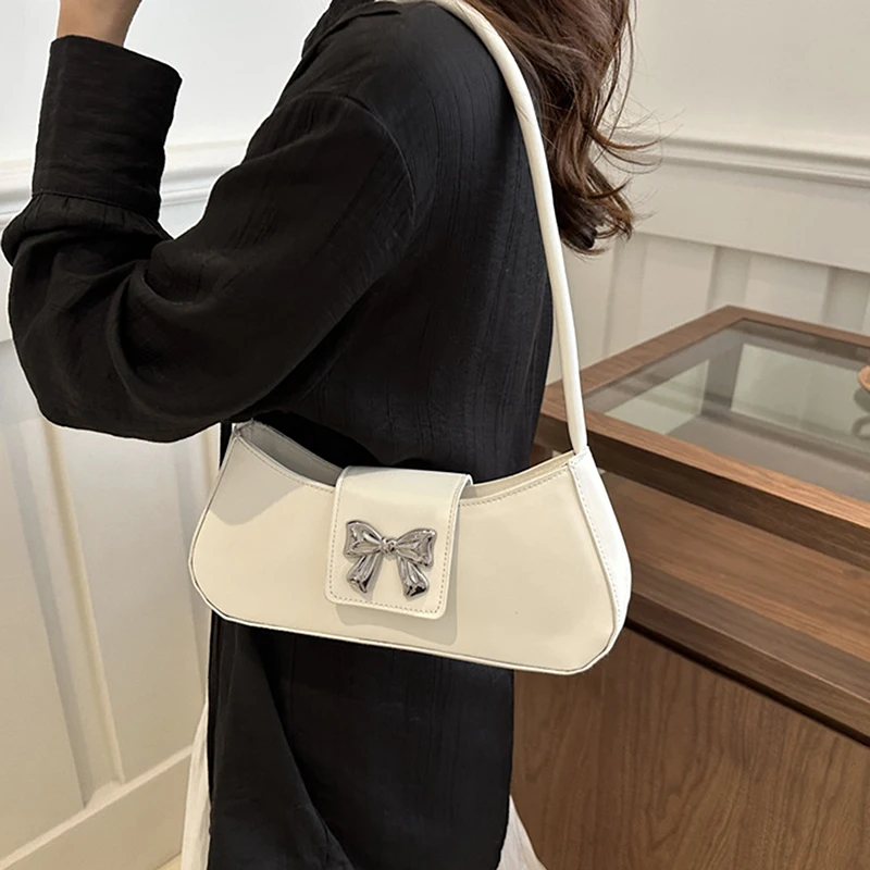 Small Commuting Bag For Women Large Capacity Bow Underarm Bag Simple Armpit Bag Solid Color Adjustable Strap Shoulder Bag