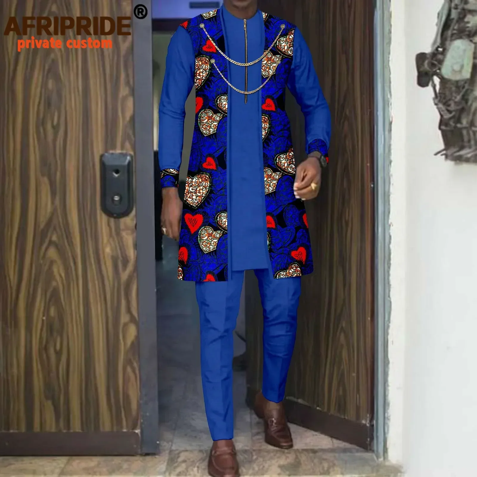 African Clothing for Men Two Chain Zip Jacket Shirts and Ankara Pants 3 Piece Set Print Outfits for Wedding Evening A2216004