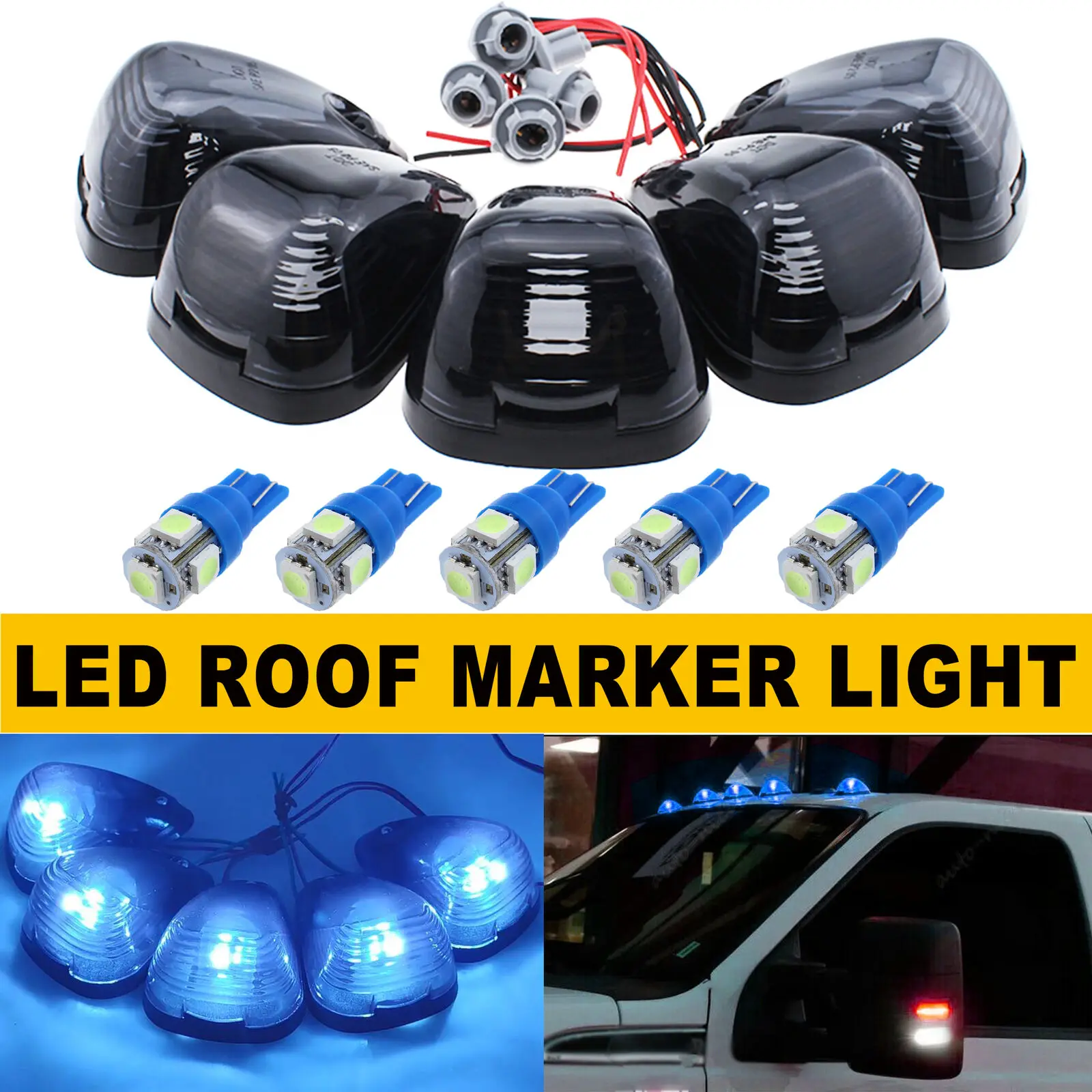 

Smoked Lens 8000K Ice Blue LED Top Cab Roof Marker Running Lights For 1999-2016 Ford F250 F350 F450 Super Duty