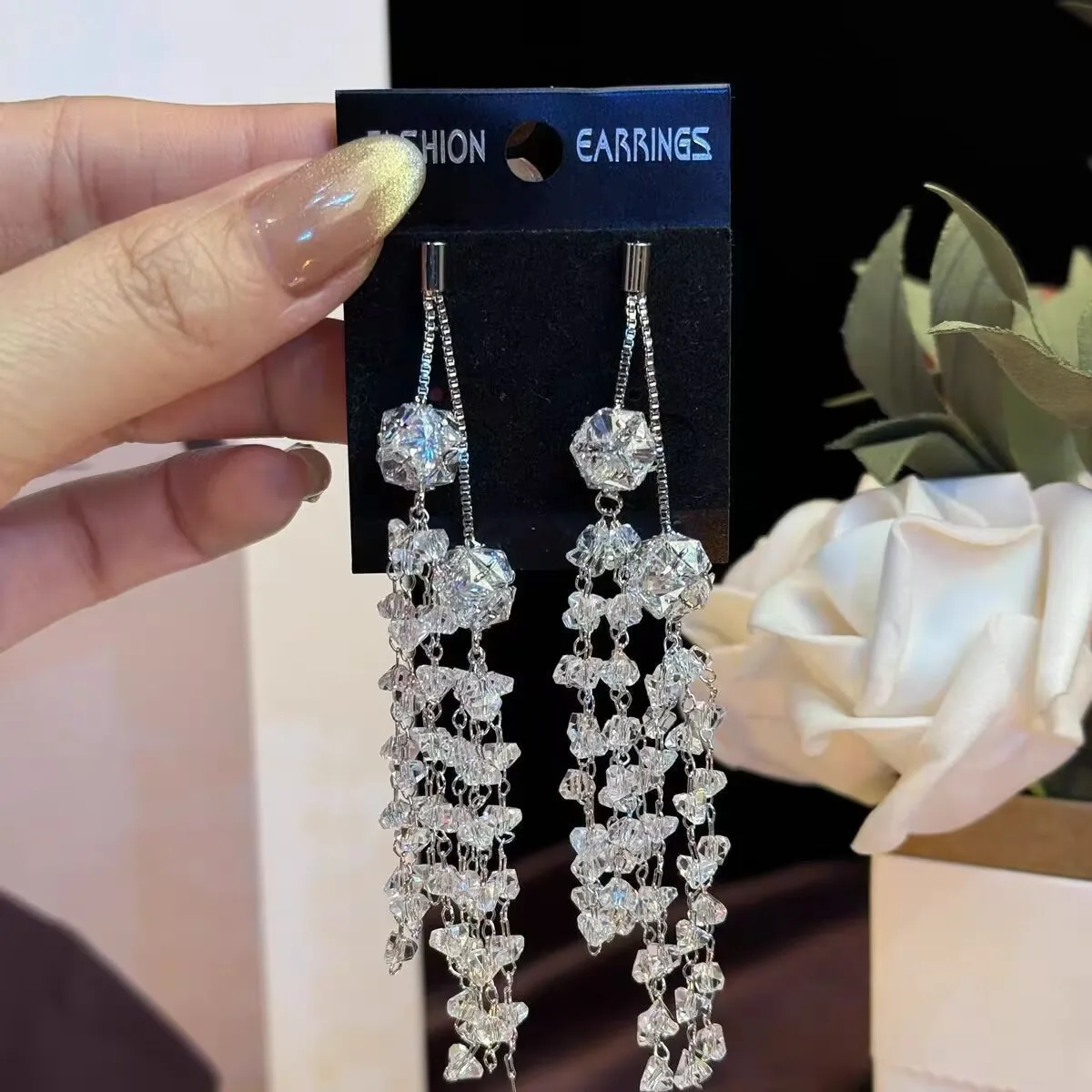 Niche high-end crystal tassel pendant ear hook fairy earrings
