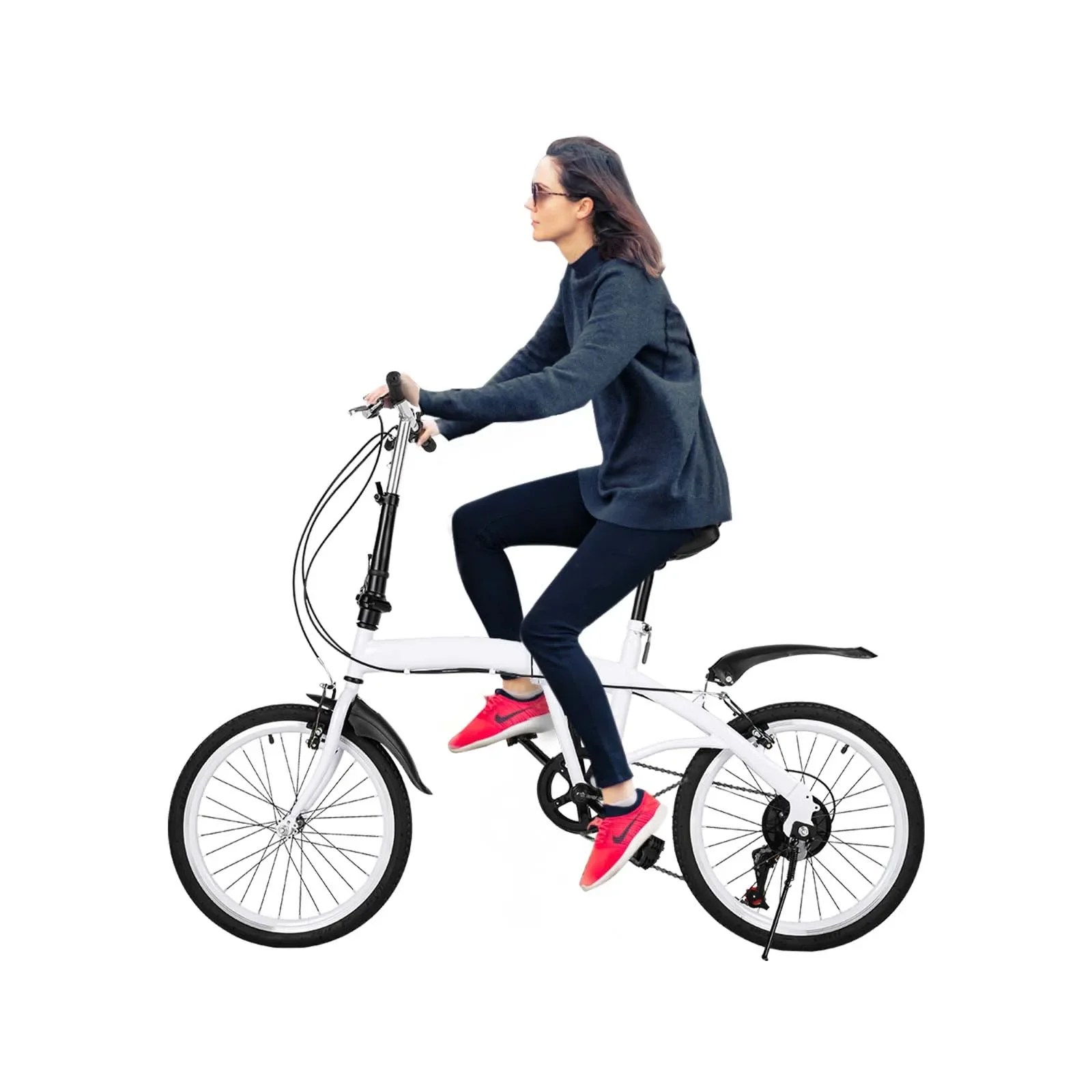 20 Inch 6 Speeds Foldable Bicycle White Portable Bike Modern City Bike Folding Bike with Caliper Braking and Holding Braking