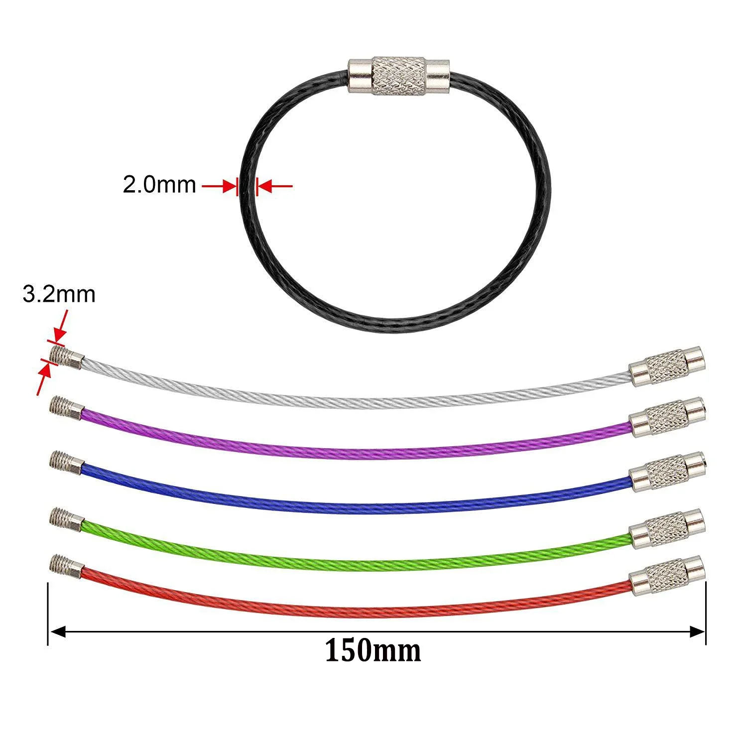 10pcs 1/1.5/2.0mm Diameter Wire Keychain Cable Stainles Steel, For Coated Key Chain with Screw Lock,  Keyring Loop for Tag