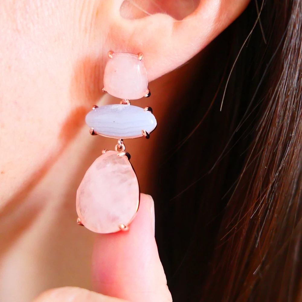 KQDANCE Natural Gem Stone Pink Rose Quartz Blue Agate Tear Drop Earrings Silver Pin Rose Gold Plated Jewelry Woman