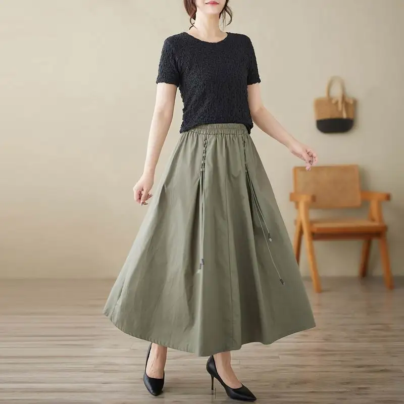 Jupe mi-longue ample en coton et lin pour femmes, décontractée, grande taille, taille haute, ligne a, jupe parapluie pliable, printemps automne