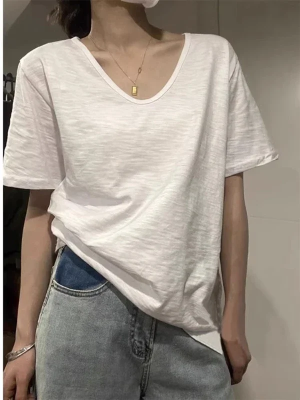 Summer Thin Cotton Bamboo Stem V-neck Short-sleeved T-shirt Women's Loose Slimming Base Shirt Fresh Upper Body
