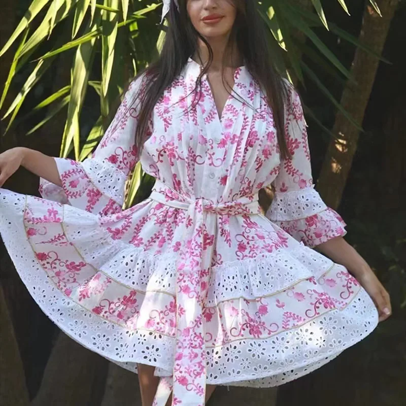 

French bohemian vacation style new V-neck horn sleeve embroidery printing strap dress fashion simple luxury temperament elegant