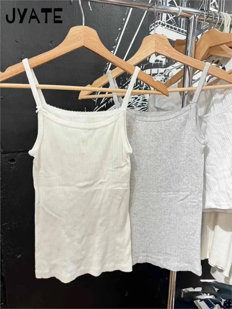 Sweet Gray Cotton Bow Sleeveless Vests Women New Ribbed Crew Neck Casual Simple Basic Tank Tops Streetwear Chic Sweet Camis Y2K