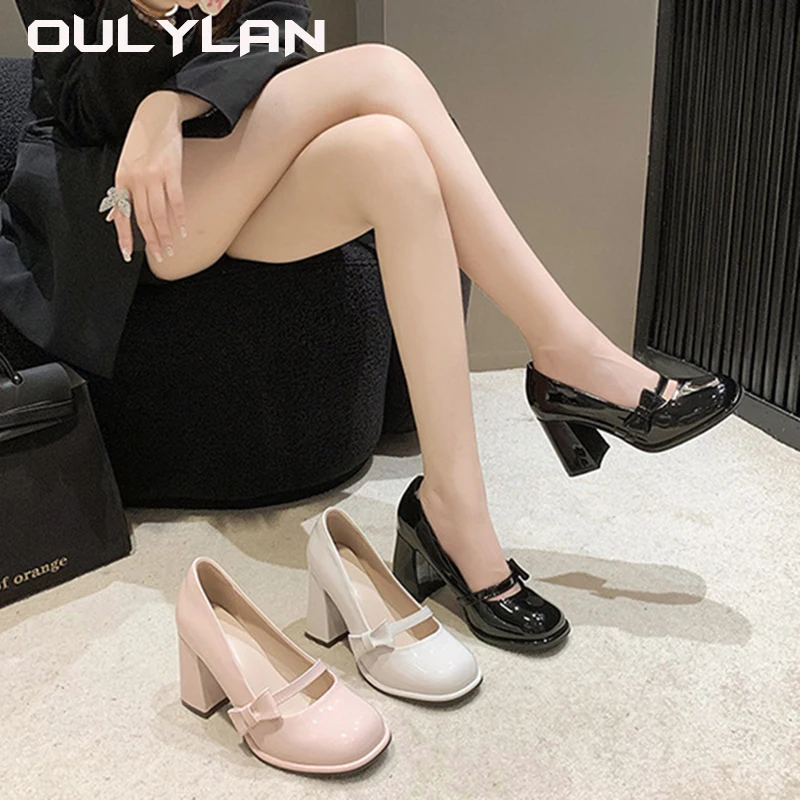 Oulylan Women\'s Pumps Thick Heel Ladies High Heels Elegant Bow Square Toe Fashion Wedding Party Wedding Shoes for Women