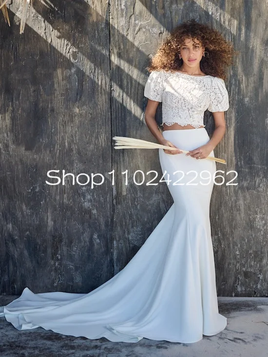 Boho Lace Two-piece Bridal Gown with A Crepe Fabric skirt and open square Back Beach boho mermaid wedding dress outfits