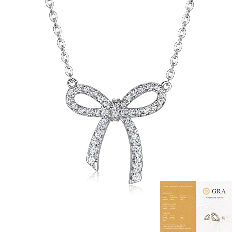 

D Color Moissanite Butterfly Knot Design 925 Silver Necklace with GRA Certificate for Valentine's Day And Wedding Anniversary