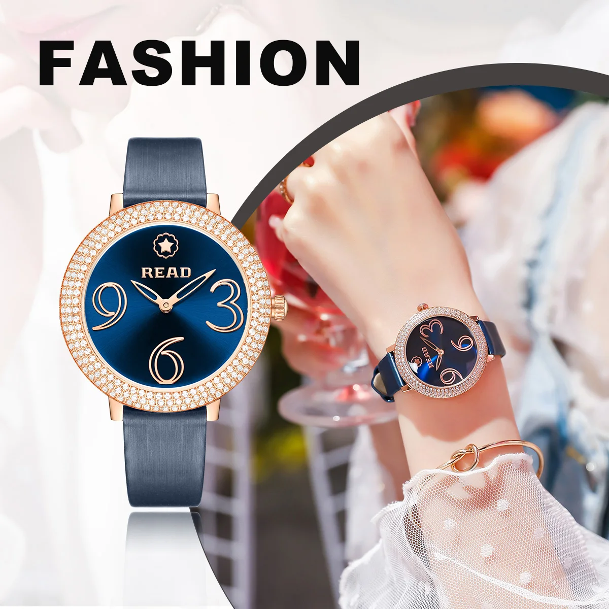 READ Ladies Elegant Analog Quartz Wrist Watch | Soft Blue Leather Strap | Daily Water Resistant Women Casual Dress Watch