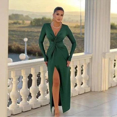 

Faionable Long Sve V-Ne Dr Sexy Asymmetrical Split Dr Ele mid Waist Busin Casual Par Wedding Dr