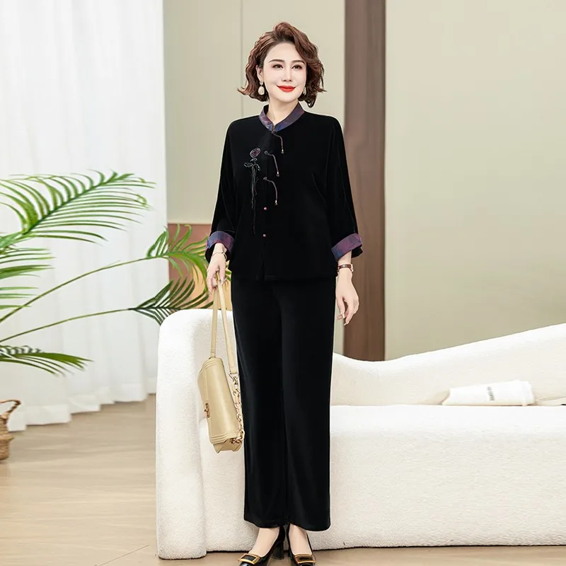 어머니 용수철 골드 벨벳 운동복 세트, 라지 사이즈 빈티지 에스닉 스타일, 중년 여성 스포츠웨어 슈트, 가을 신상, 2PCs