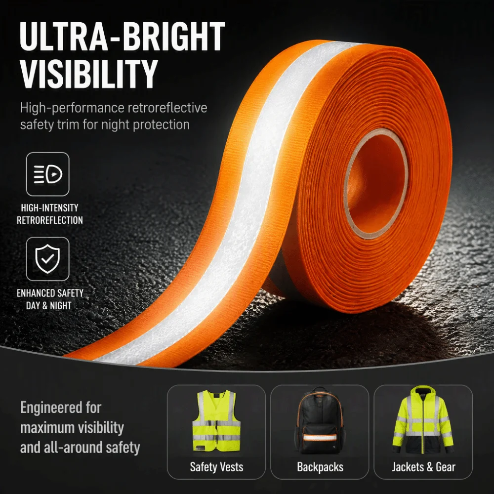 Fluorescent Orange Reflective Ribbon Polyester Fabric Sew On Style Reflective Webbing Tape 20mm Width 50m Roll Length