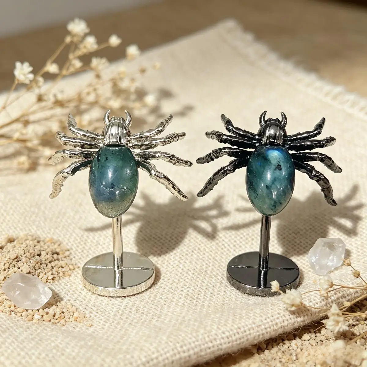 Natural Labradorite Spider Figurine With Metal Legs Hand Carved Iridescent Crystal Spider Reiki Transformation Altar Decor Gif