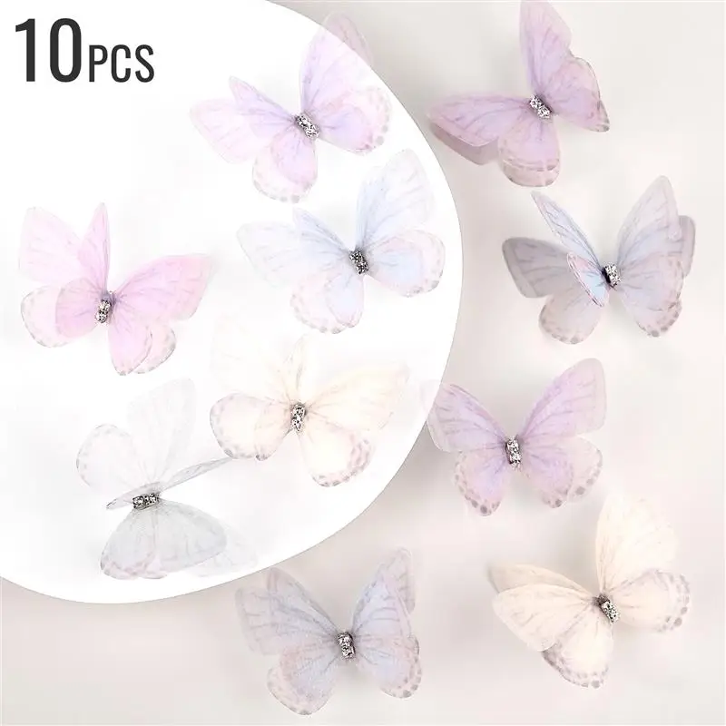 10pcs Double Diamond Mesh Printed Butterfly Jewelry Headwear Clothing DIY Handmade Mesh Flower Patch Ancient Hanfu Hair Clip