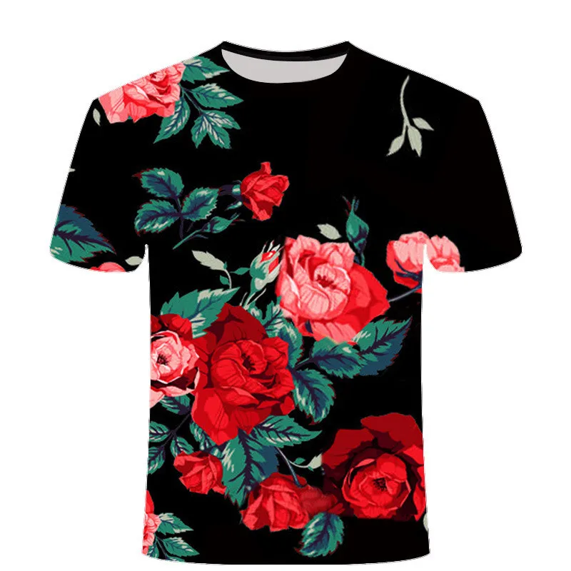 Big Size 3D Flower Print Men\'s Casual T-Shirts Large Size Short Sleeve Street Tops 6XL Oversized Rose Floral Printed Loose Tees