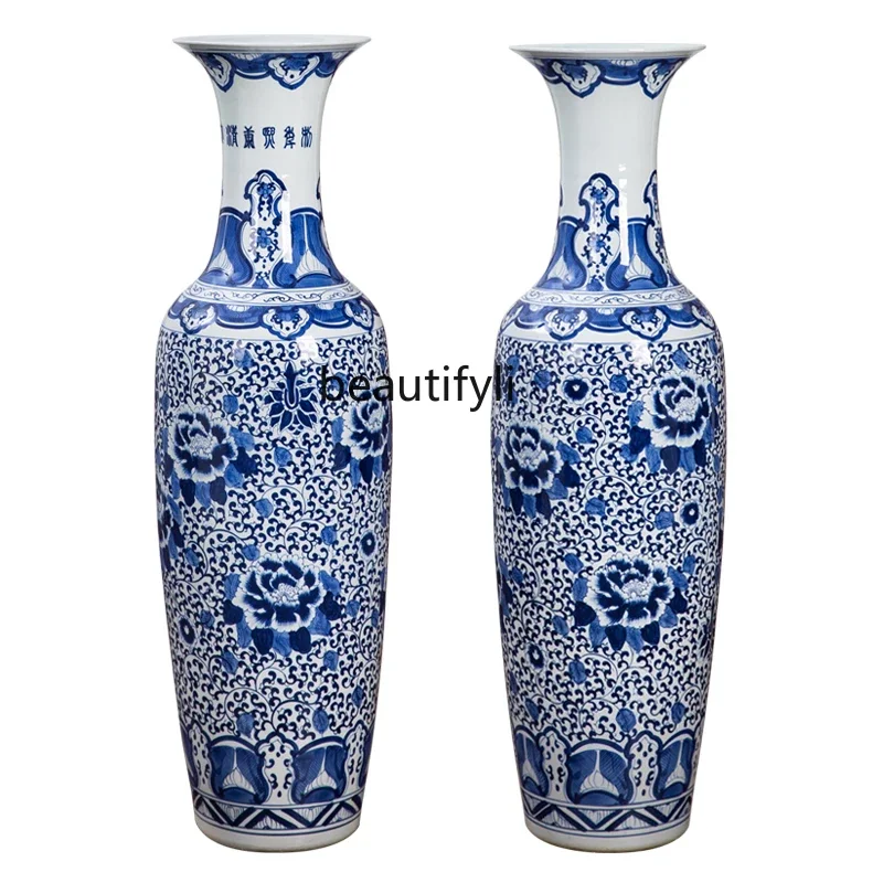 Jingdezhen Porcelain Hand Painted Blue and White Porcelain Floor Ceramic Large Vase Living Room Home Big Decorations