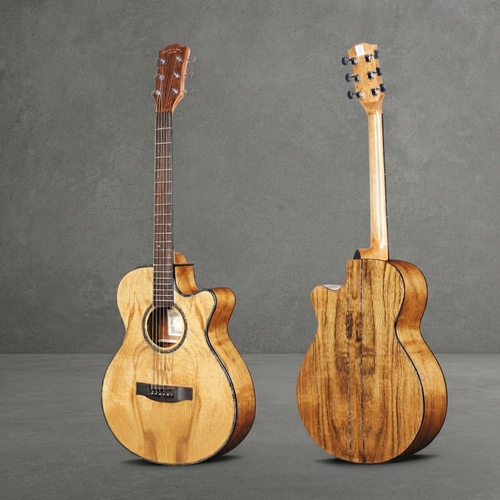 Two-Tone Striped Back Cutaway Guitar, Solid Top, Dark Fretboard, Gloss Finish, Chrome Tuners, 6 Strings for Entry Players