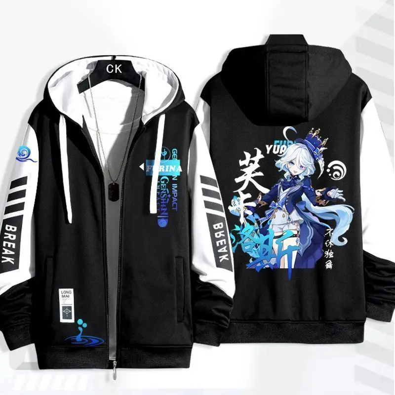 Anime Genshin Impact Focalors Jackets Autumn Winter Outerwear Fashion Hooded Outwear Slim Fit Hoody Birthday Gifts Boys Girls