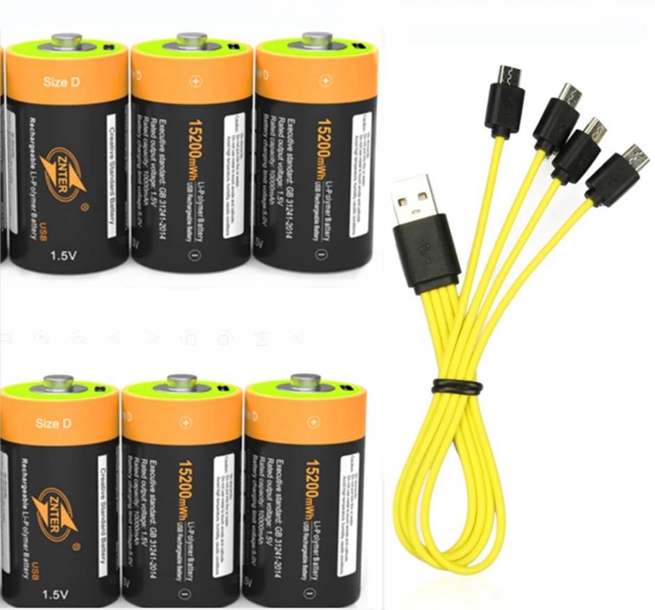 

6PCS ZNTER 1.5V 15200mWh Rechargeable Battery D Lipo LR20 Battery for RC Camera Drone with Type C Cable Fast Charge