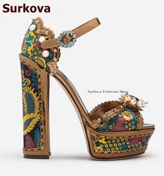 Surkova Coffee Vintage Baroque Chunky High Heels Sandals Bling Bling Crystal Beaded Wedding Shoes Jewelry Floral Platform Pumps