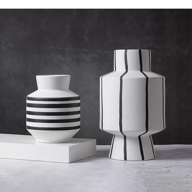 Florero de cerámica a rayas blanco y negro, adornos de escritorio, arreglo floral, decoración estética para sala de estar