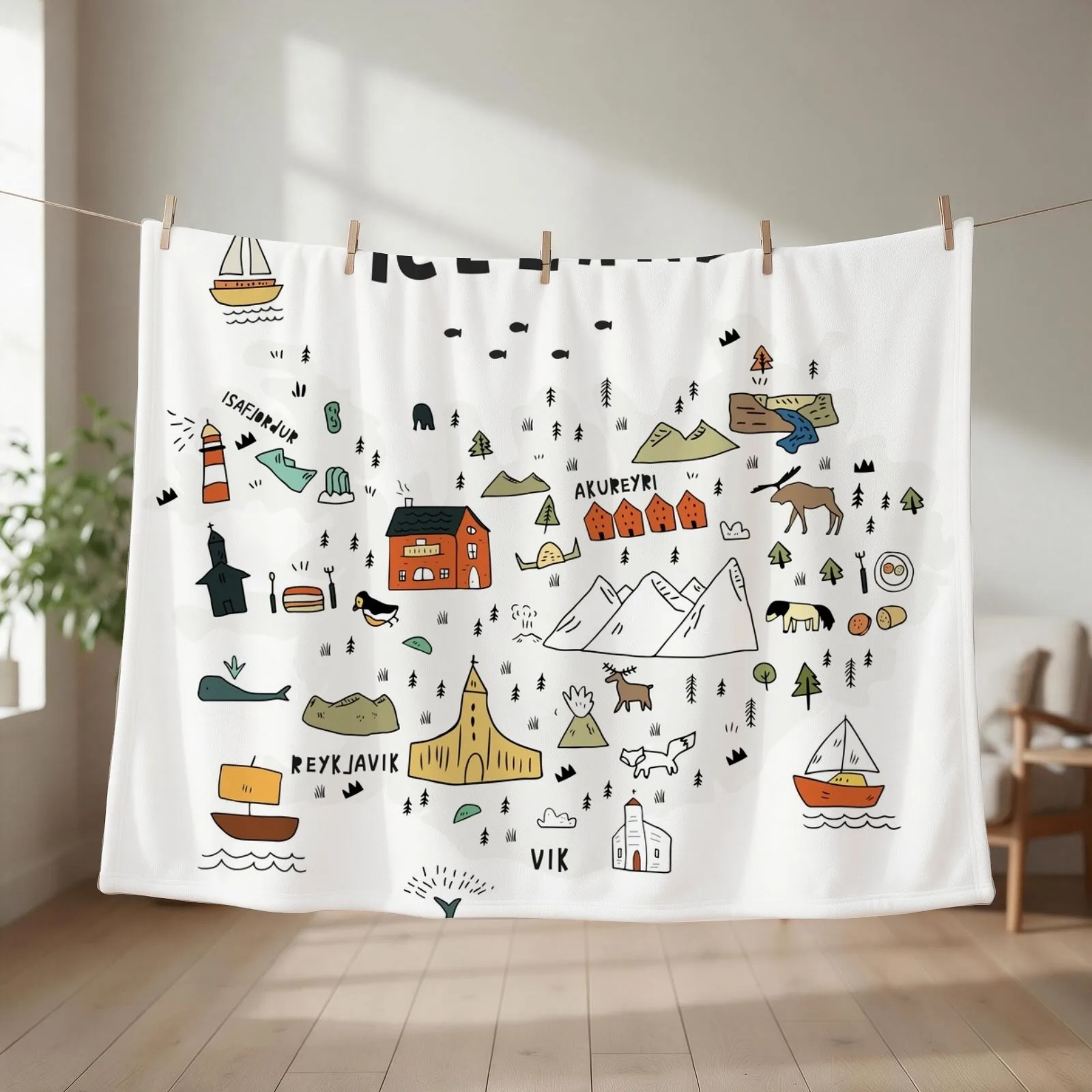 map of Iceland Throw Blanket couch cozy soft plush fuzzy picnic outdoor blanket